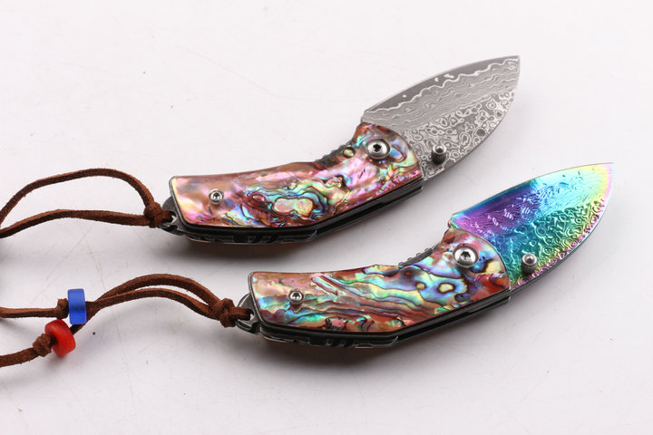Damascus Waistline two types folding pocket knife with Natural Abalone handle UD403438